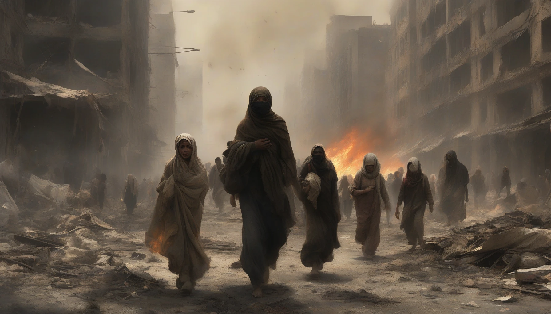 A haunting scene unfolds as civilian refugees emerge from the smoldering remnants of a devastated city. Their weary faces, filled with a mix of despair and determination, are framed by crumbling skyscrapers and flickering flames. Tattered clothing flutters in the wind while makeshift bundles are clutched tightly to their chests. Dust swirls around their feet, echoing the desolation of their home, yet a glimmer of hope shines in their eyes as they seek safety.