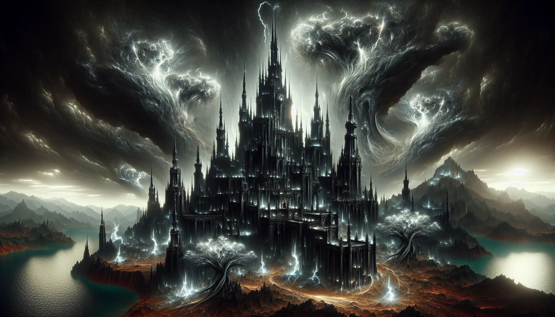 Imagine a grand fortress carved from jet-black obsidian, its towering spires piercing the stormy sky. The structure glimmers ominously, reflecting flashes of lightning as dark clouds swirl above. Surrounding the fortress are twisted, ancient trees that seem to whisper secrets while a dense fog envelops the ground. Luminous, ethereal creatures flit through the air, illuminating the scene with an otherworldly glow, adding a surreal beauty to this imposing stronghold.