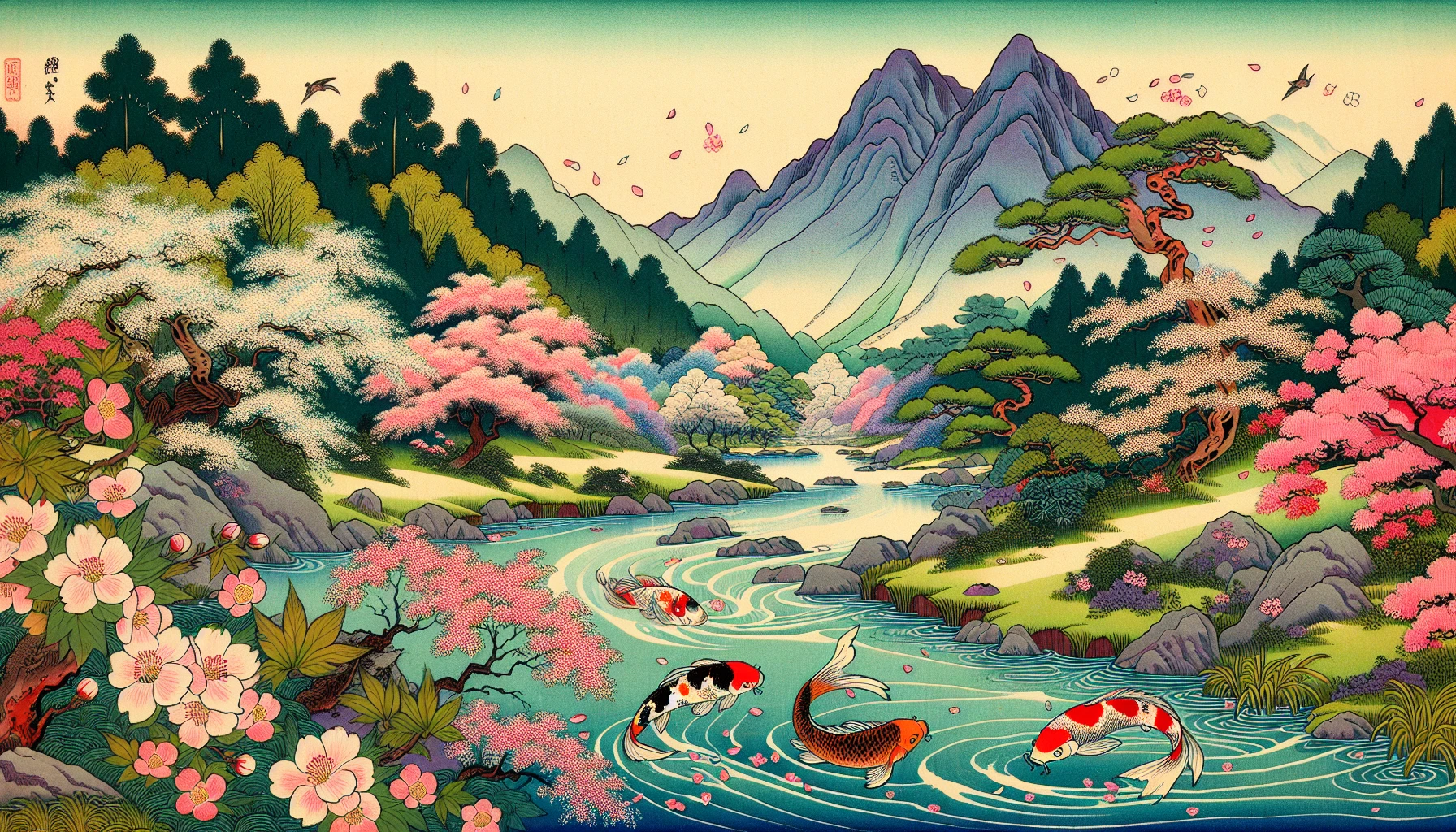 Capture a tranquil scene that merges traditional Ukiyo-e artistry with a lush, serene landscape. Imagine a gentle stream winding through a vibrant forest, cherry blossoms cascading in the breeze, and majestic mountains looming in the background. Add playful koi fish in the water, their colors harmonizing with the delicate pinks and greens of spring. This image should evoke a sense of peace and timeless beauty.