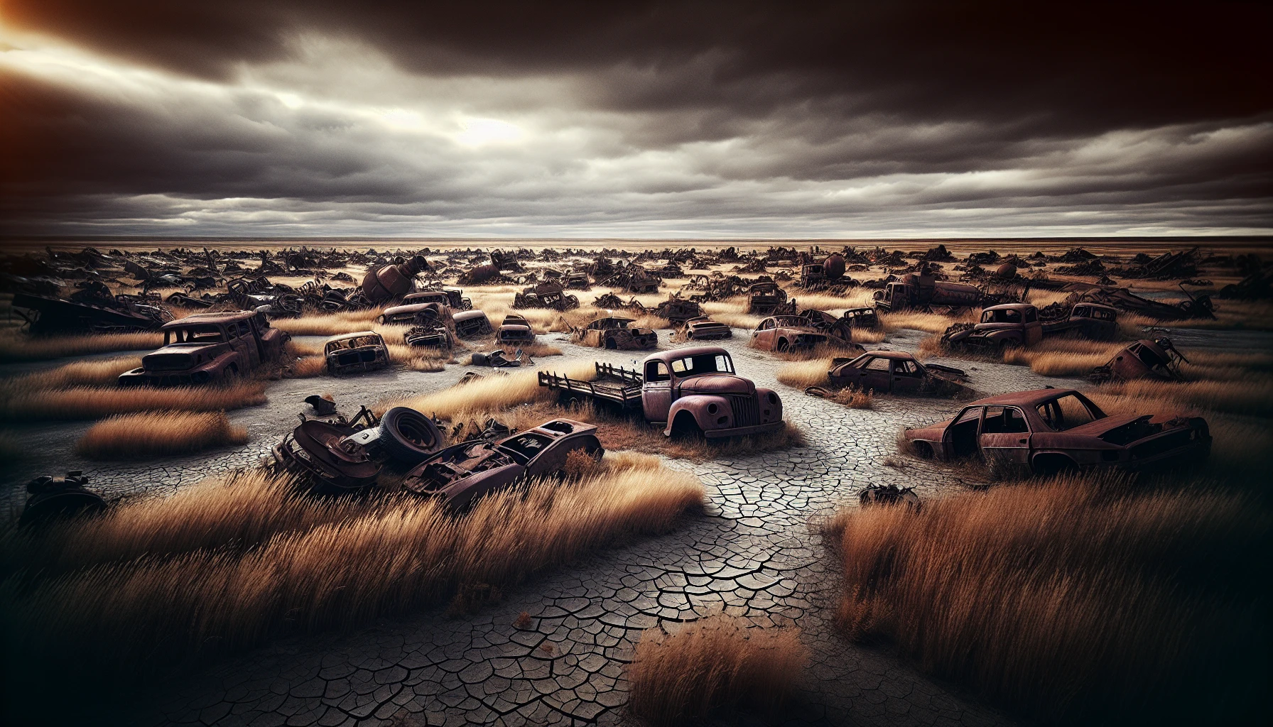 In a vast, desolate field, rusting machinery sprawls across the cracked earth, remnants of a once-thriving industry. Broken-down vehicles and shattered metal parts interweave with wild grasses, creating a haunting yet beautiful scene. The sky, a canvas of stormy gray, casts a somber light on the wreckage, while distant shadows hint at a past not easily forgotten. Time stands still in this eerie landscape.