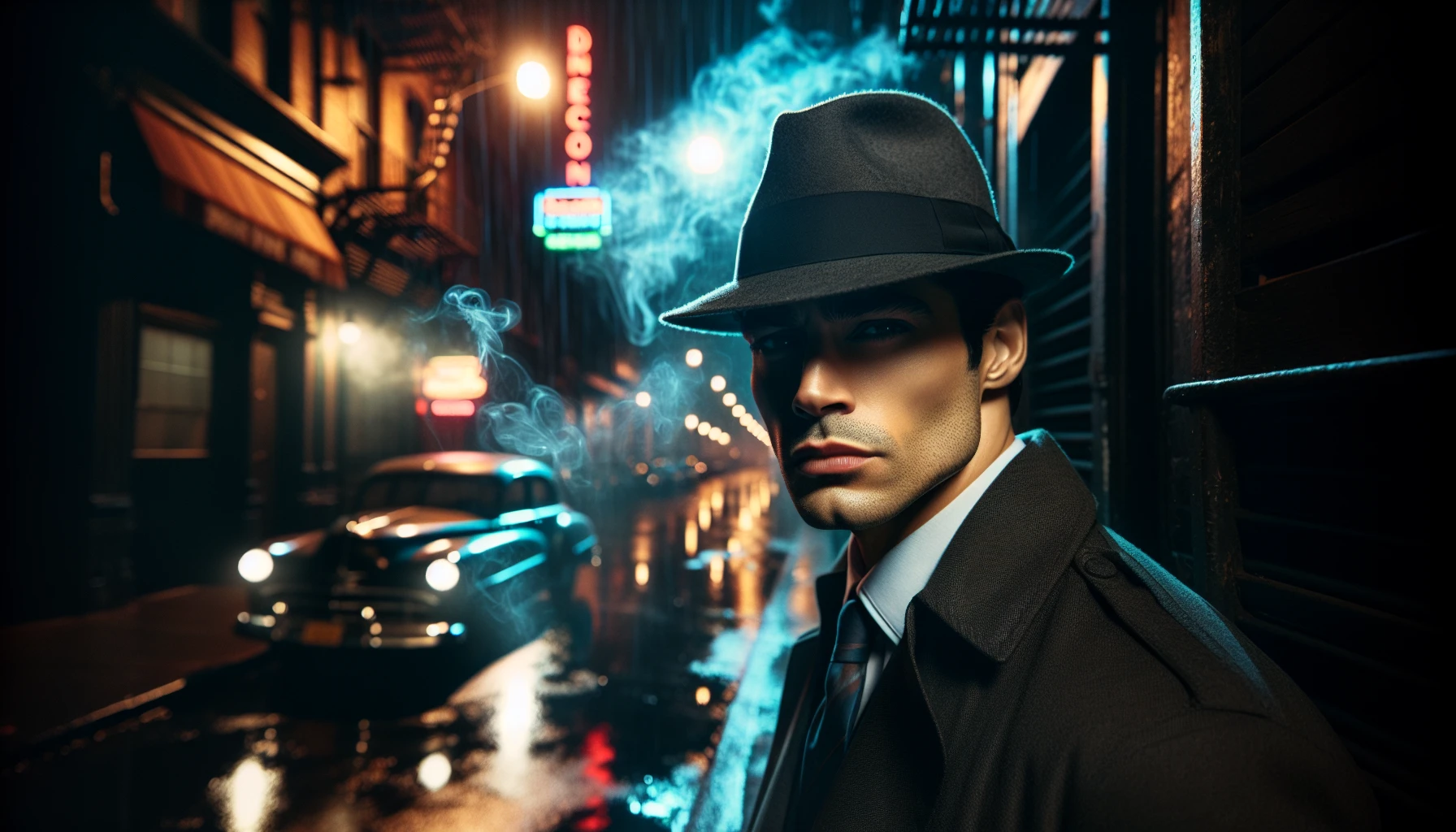 In a dimly lit city alley, a hard-boiled detective stands under a flickering streetlamp, his fedora casting a shadow over his determined gaze. Dark rain-soaked streets reflect neon signs, while a wispy cigarette smoke dances around him. A vintage car waits nearby, the sound of distant jazz spilling into the night. The atmosphere is thick with tension and intrigue, inviting you to unravel the mysteries that lurk in the darkness.