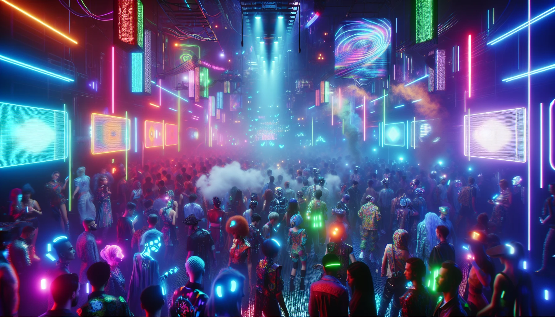 Immerse yourself in a vibrant cyberpunk nightclub where the air thrums with energy. Pulsating neon lights cast vivid hues across a crowded dance floor, where silhouettes move rhythmically to the electrifying beat. Smoke machines waft through the space, creating an ethereal atmosphere, while holographic displays flicker above, showcasing dazzling visuals. The eclectic crowd, adorned in futuristic outfits, loses themselves in the music, embodying the essence of nightlife in a digital dystopia.