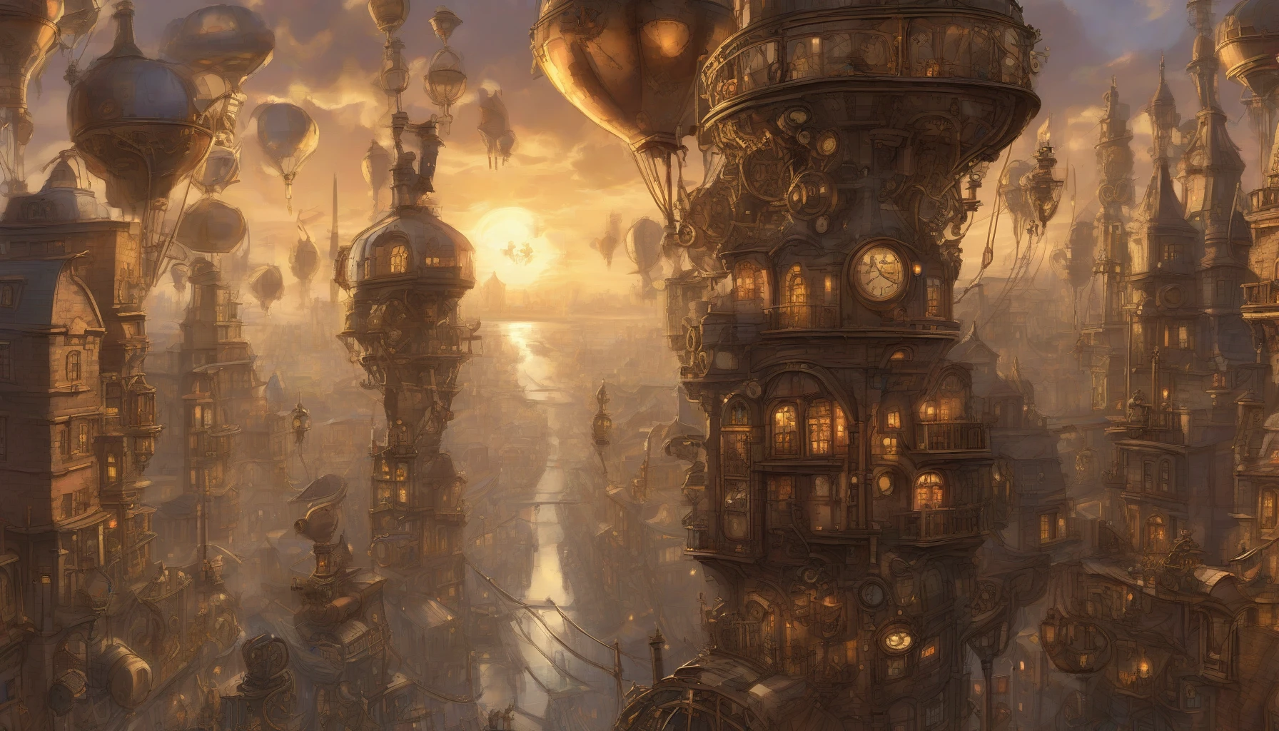 Envision a sprawling steampunk city, where majestic clockwork towers rise against a twilight sky. Gears and cogs interlock, radiating warmth from gas lamps lining cobblestone streets. Intricate brass details adorn the buildings, with steam billowing from vents, creating an atmosphere of innovation and nostalgia. Airships float above, their sails catching the last rays of sunlight, while bustling markets and curious characters fill the scene with life.