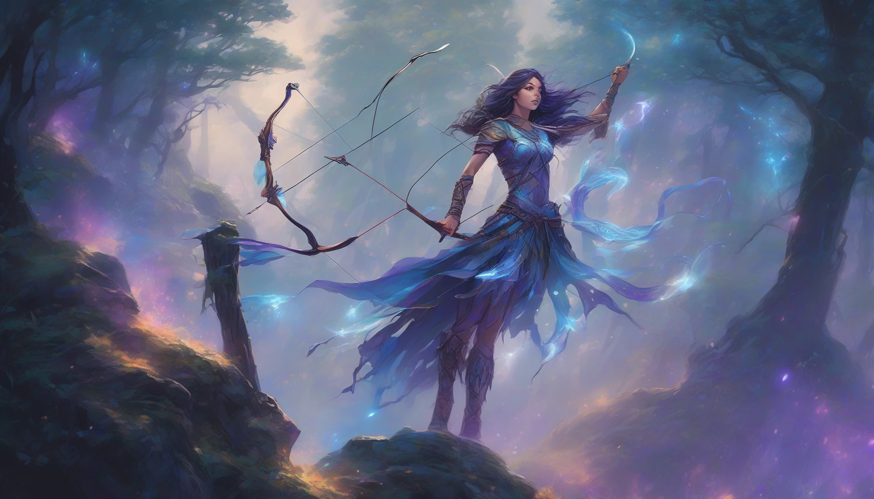 An ethereal archer stands poised on a misty forest cliff, drawing back an ornate bow. Multiple glowing arrows, each radiating colors of blue and violet, are elegantly arched in the air, leaving trails of shimmering light. The atmosphere is charged with energy, as the archer's fierce determination shines through. Shadows dance between ancient trees, creating a magical backdrop for this moment of focused precision and stunning beauty.