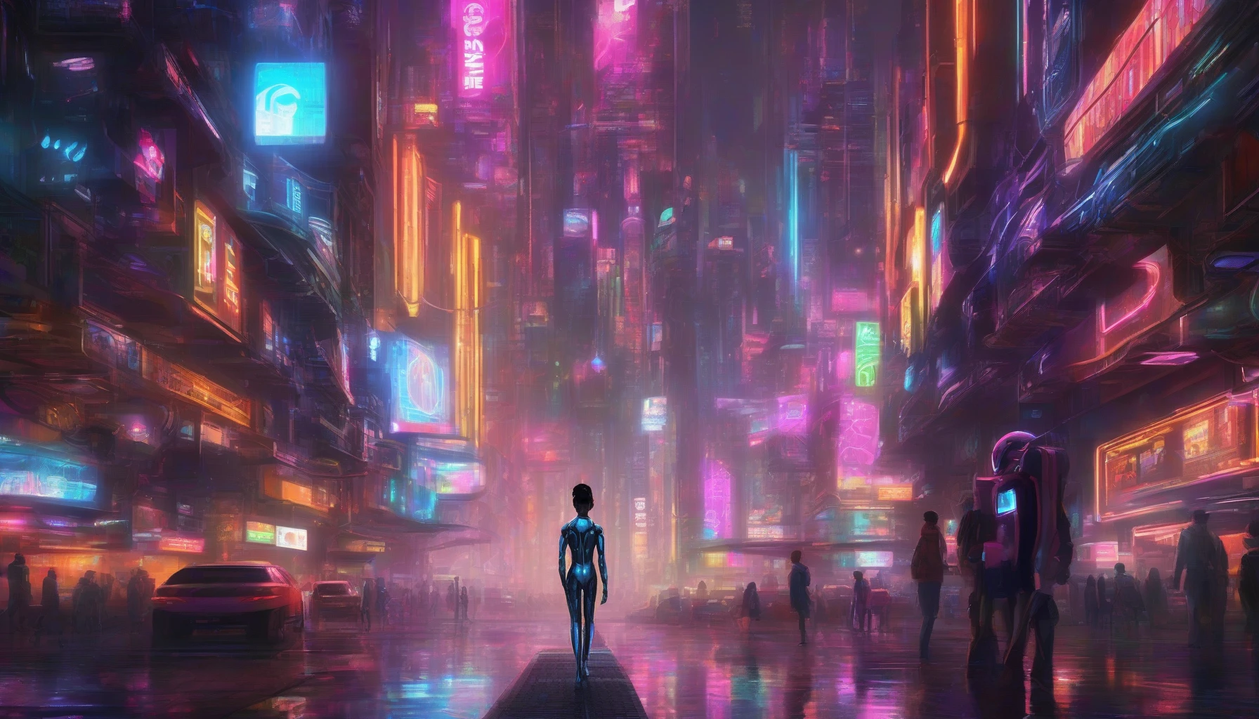 In a dimly lit, futuristic cityscape, a sleek android stands under neon lights, radiating an aura of warmth and charm. Its metallic skin reflects the vibrant colors around it, yet its expressive eyes convey deep emotions reminiscent of humanity. Surrounding it are holographic displays of city life, while the android interacts playfully with a child, showcasing a blend of advanced technology and a relatable, caring personality that captivates all.