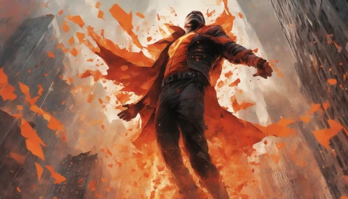 Picture a courageous figure, clad in a tattered superhero costume, soaring through the smoke-filled air, arms outstretched in a desperate bid for freedom. Below, a blazing skyscraper erupts in fiery hues of orange and red, casting eerie shadows. The character’s expression is determined, embodying bravery amidst chaos, as fragments of shattered glass and debris cascade around, capturing the exhilarating moment of survival against overwhelming odds.