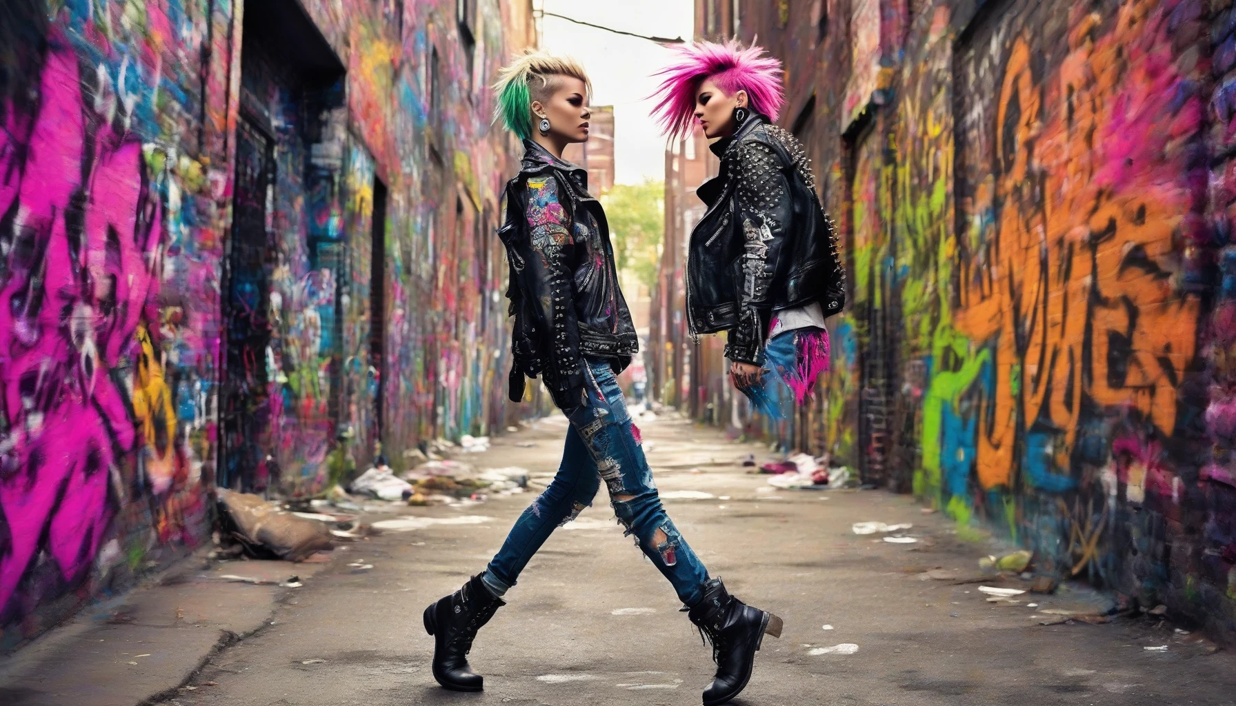 A fierce punk rocker strides confidently down a gritty urban alley, their vibrant spiked hairstyle standing tall, a riot of neon colors catching the light. Adorned in a studded leather jacket, torn jeans, and heavy combat boots, they exude rebellious energy. Graffiti splashes the walls behind them, capturing the chaotic spirit of the scene, while bass-heavy music echoes in the background, inviting onlookers to join the movement.