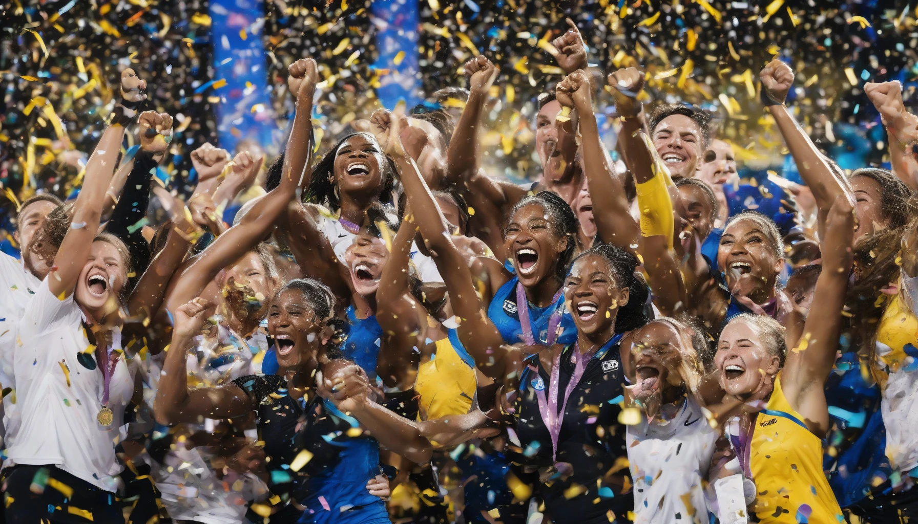 Capture a moment of overwhelming joy as a diverse group of athletes celebrates their hard-earned victory. Picture their faces illuminated with exhilaration, tears of happiness streaming down, and arms raised in unison against a backdrop of confetti raining down. The energy is contagious, as they embrace each other, reflecting a bond forged through dedication and teamwork, embodying the essence of success and jubilation in this electrifying scene.