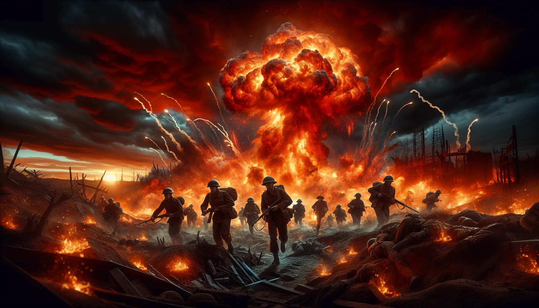 Picture a fierce battlefield, enveloped in chaos as a colossal explosion erupts, illuminating the darkened sky with fiery hues of orange and red. Soldiers, silhouetted against the blast, scramble amidst debris while smoke billows and flames dance around them. The ground shakes as shockwaves ripple through the air, capturing the raw intensity and desperate struggle for survival in this moment of explosive triumph and turmoil.