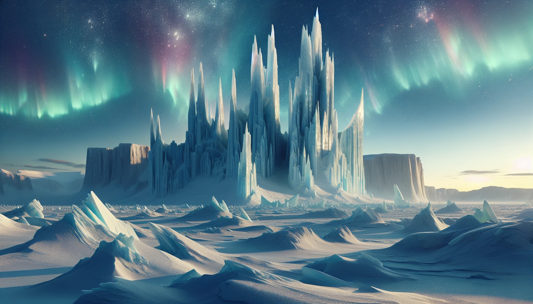 A breathtaking landscape unfolds, where majestic ice spires pierce the sky, glistening under a pale winter sun. The frozen tundra stretches endlessly, its surface blanketed in a soft layer of pristine snow, dotted with crystalline frost. In the distance, the rugged silhouettes of towering glaciers stand sentinel, while shimmering northern lights dance above, casting ethereal colors across the stark white expanse of this icy wilderness.