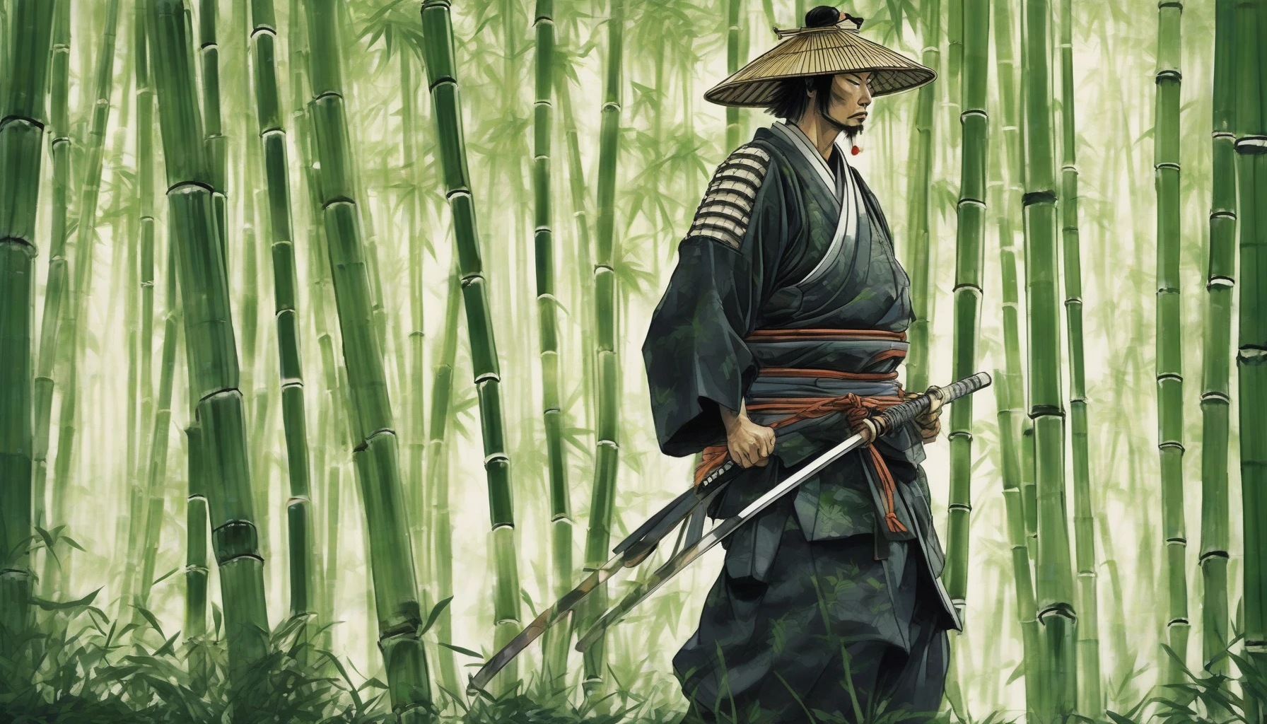 In a serene bamboo forest, a traditional samurai stands poised, his armor glinting subtly in the dappled sunlight. The air is thick with the scent of damp earth and fresh greenery, while bamboo stalks sway gently in the breeze, creating a soft whispering sound. The samurai’s katana glimmers with a keen edge, reflecting the spirit of honor and discipline, embodying the essence of an ancient warrior in harmony with nature.