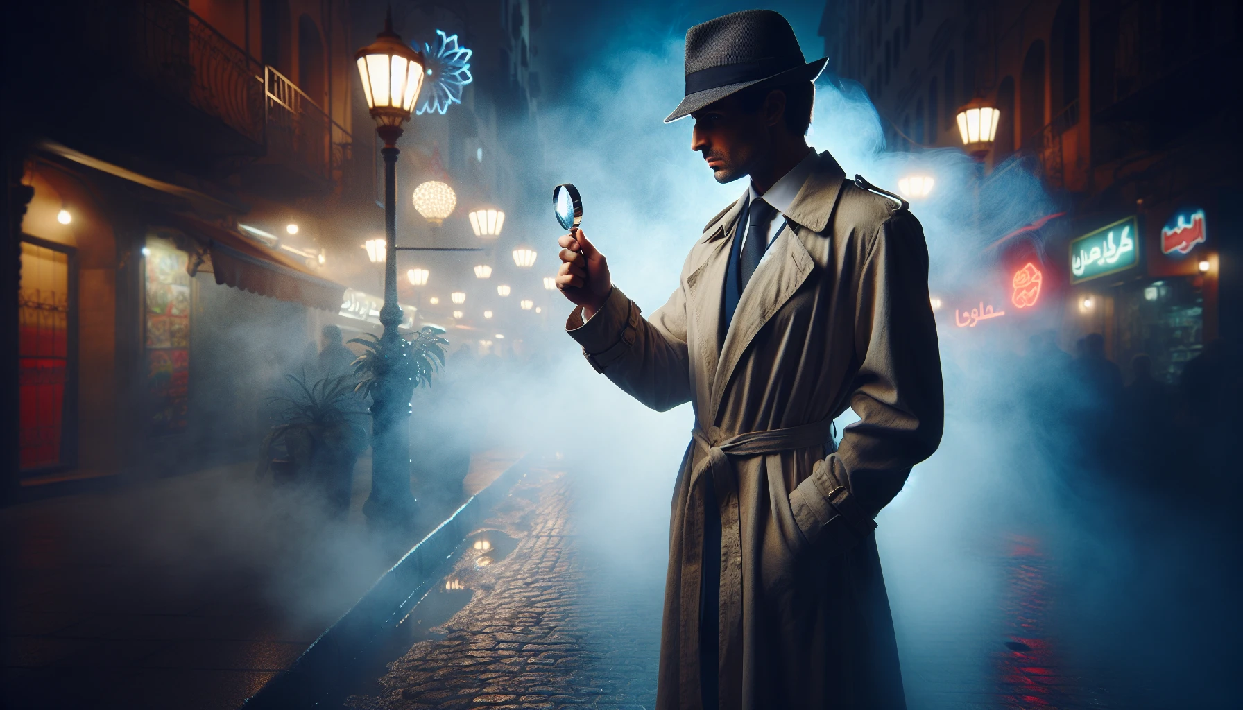 A classic detective stands under the soft glow of a streetlamp, draped in a weathered trench coat, exuding an air of mystery. He holds a gleaming magnifying glass, peering intently at a trail of clues scattered on the cobblestone street. The mist swirls around him, partially obscuring the bustling city in the background, while the glow of neon signs casts an enigmatic light on his determined expression.