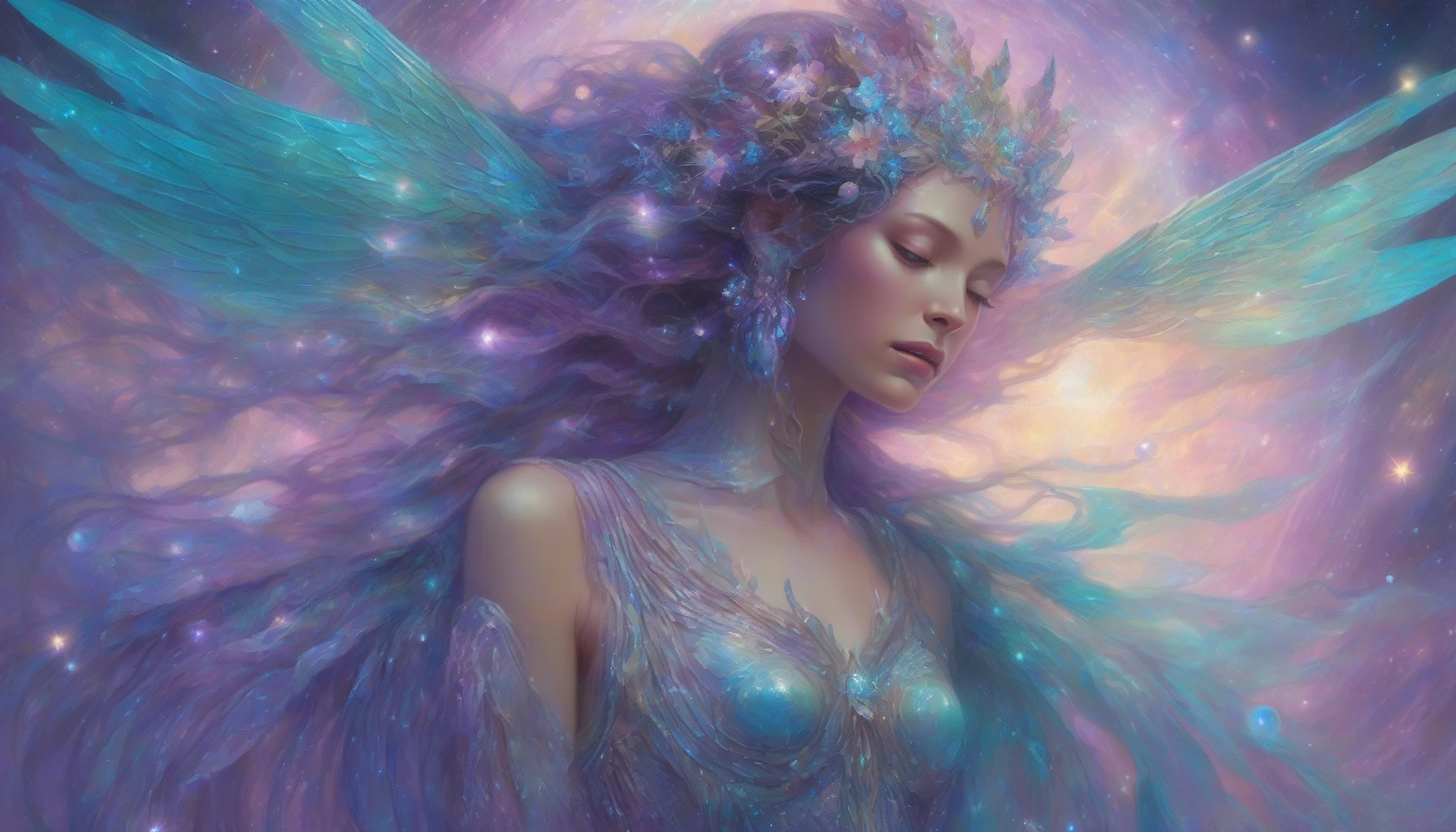 In a dreamlike realm, an ethereal alien princess stands regally, adorned in shimmering, iridescent garments that flow like liquid starlight. Her magnificent wings, glowing softly in hues of turquoise and violet, radiate an otherworldly luminescence against the twilight sky. Surrounded by floating orbs of light and delicate cosmic flora, she embodies the mystique of the universe, inviting viewers to explore the depths of her enchanting world.