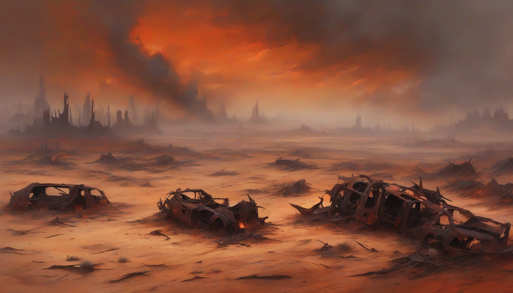 In a hauntingly beautiful war-torn desert, scorched earth stretches endlessly under a smoldering sky, painted in hues of orange and red. Jagged remnants of wreckage lie scattered across the sands, their twisted metal silhouettes stark against the horizon. Heat shimmers in the air, distorting the view, as dark smoke rises ominously, blending with the remnants of battle. A sense of loss and resilience hangs heavy in the atmosphere.