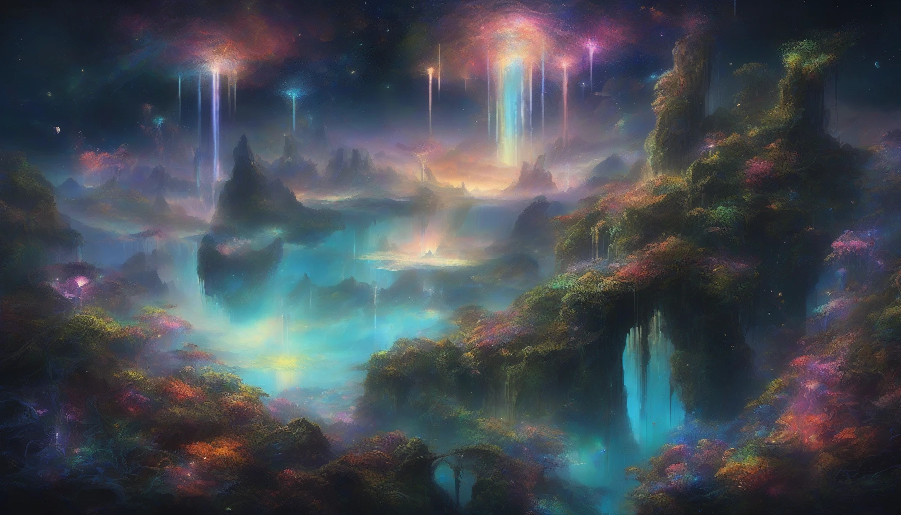 Imagine a surreal landscape where gravity defies logic. Towering, lush islands hover in a vast, dark void, their edges adorned with vibrant flora. Majestic waterfalls cascade from these ethereal landmasses, plunging into the abyss below, creating a mist that glimmers with iridescent colors. wisps of clouds drift under the islands, reflecting starlight, while distant celestial bodies twinkle in the background, adding a sense of wonder to this alien realm.