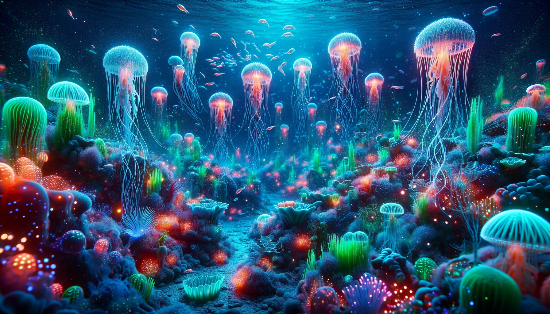 Dive into a mesmerizing underwater realm where vibrant bioluminescent creatures illuminate an alien ocean. Ethereal jellyfish pulse with neon colors, their tentacles trailing shimmering light through the translucent waters. Coral formations shaped like fantastical flora burst with radiant hues, while strange fish dart between them, leaving trails of luminescent sparkles. The scene is alive with otherworldly beauty, inviting exploration into its depths, where mystery and wonder coexist.