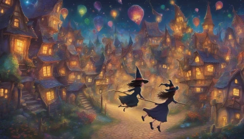 Imagine a charming scene where a clumsy witch with a crooked pointed hat teeters on her enchanted broomstick, struggling to maintain balance. Her oversized shoes dangle precariously, while her wild, tangled hair billows in the wind. Below, a colorful village watches with a mix of amazement and amusement, as she leaves a trail of sparkling stardust and giggles in her wake, embodying both mischief and magic.