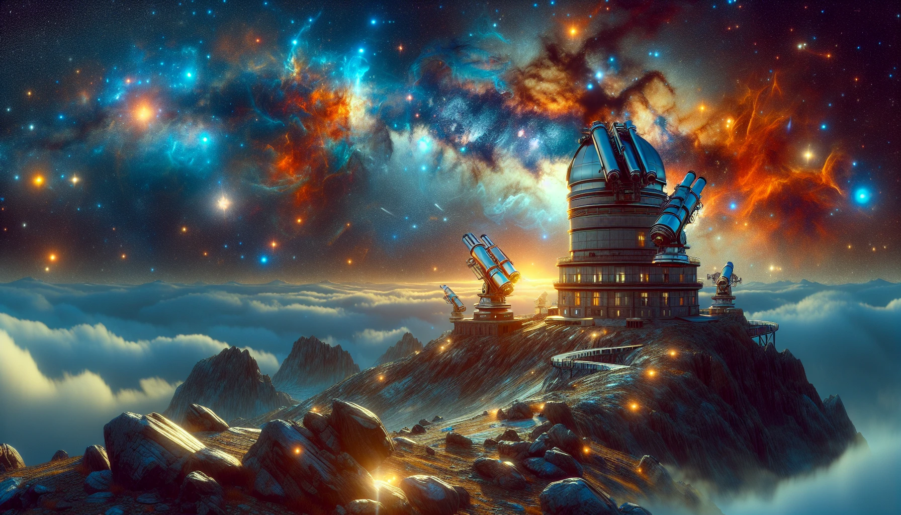 Envision a vast celestial observatory perched atop a rugged cliff, where majestic telescopes point towards a star-laden sky. Surrounding the observatory, vibrant nebulae swirl in hues of deep blue and fiery orange, while ethereal constellations twinkle overhead. The ground is scattered with luminescent stones, reflecting the cosmic brilliance, and wisps of clouds drift lazily, adding a dream-like quality to this enchanting celestial haven.