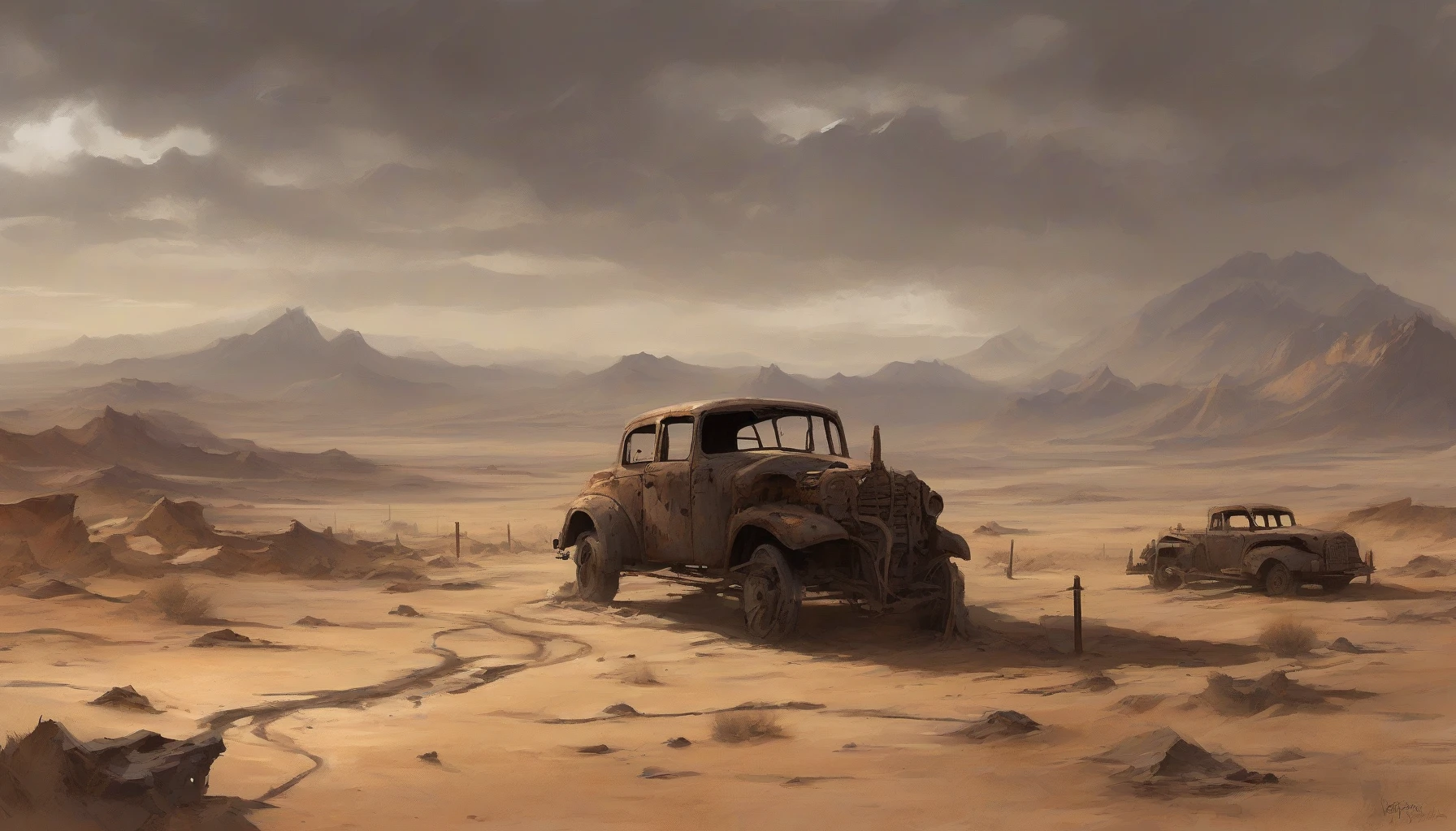 Imagine a vast, arid wasteland under a brooding sky, where crumbling asphalt ribbons snake through the cracked earth. Rusted vehicles are half-buried in sand, remnants of a forgotten civilization. Jagged mountains loom in the distance, casting long shadows over the desolation. The air is thick with dust, and the eerie silence is occasionally broken by the howling wind, invoking a sense of eerie solitude in this dystopian landscape.