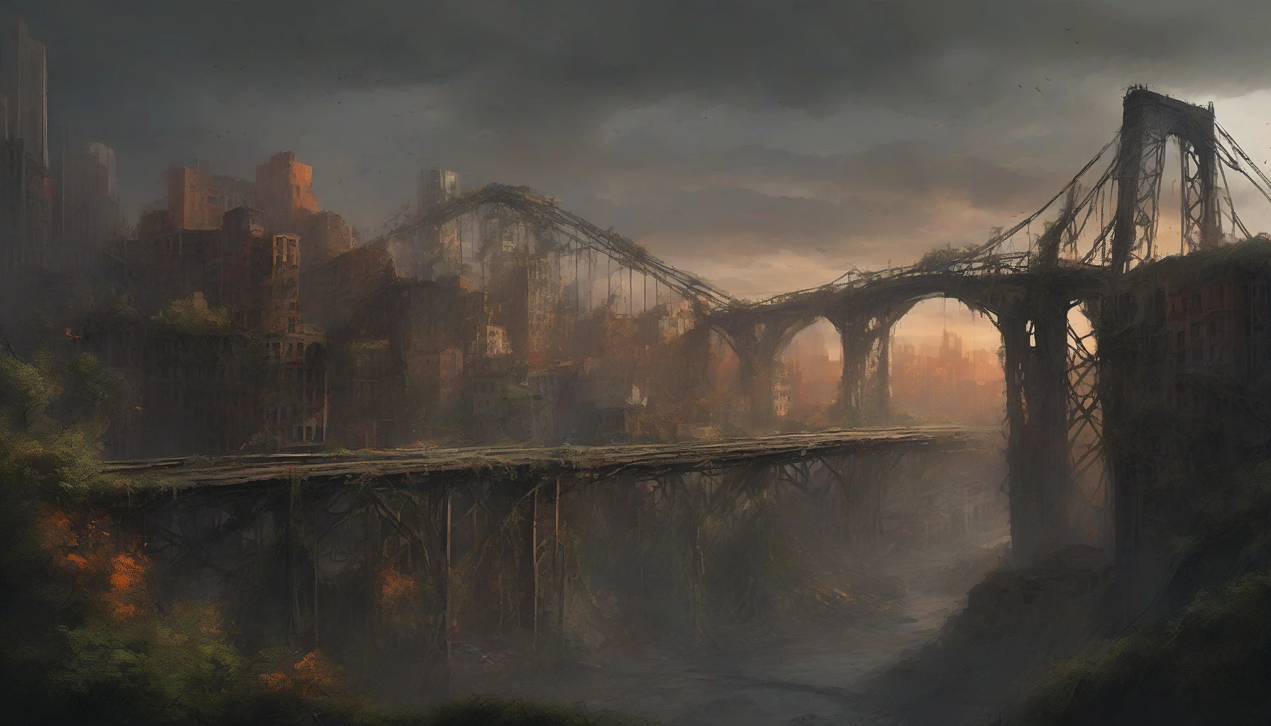 In this haunting scene, a once-thriving city lies in ruins, its crumbling skyscrapers draped in ivy and shadows. At the forefront, a massive, rusted bridge sagging under its own weight connects two desolate hills, fragments of asphalt and debris scatter the ground below. Skies painted in hues of gray and orange signal an impending storm, while a soft mist envelopes the area, adding an eerie atmosphere to the desolation.