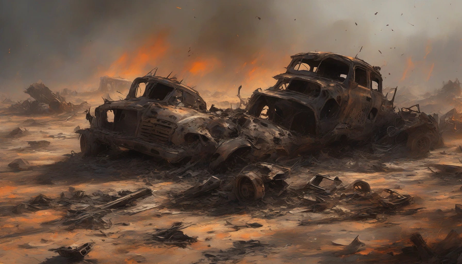 A haunting portrayal of a war-torn desert landscape, where the relentless sun scorches the ground, casting eerie shadows on shattered remnants of vehicles. Jagged metal and charred debris litter the scorched earth, with flickers of flames dancing amidst the wreckage. The sky, a turbulent canvas of deep oranges and smoky grays, evokes the chaos of battle. This image encapsulates despair and devastation, inviting viewers to reflect on the remnants of conflict.