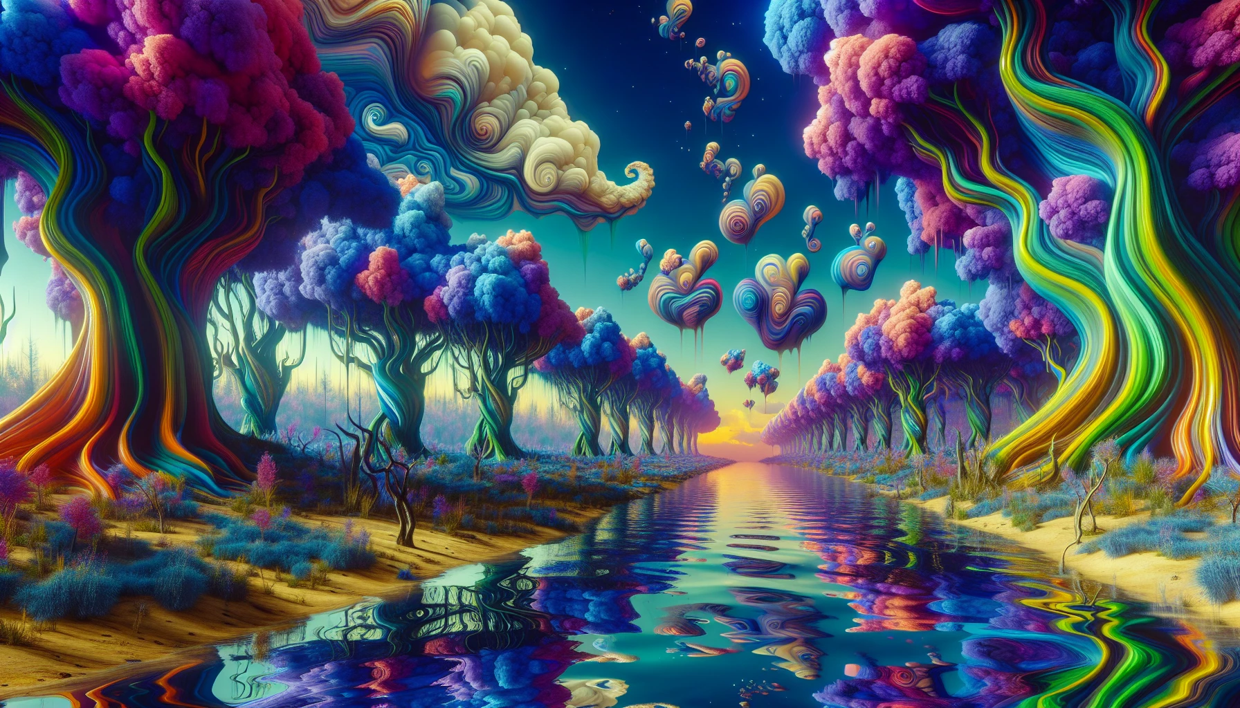 Create a surreal landscape where reality bends and distorts. Imagine a vibrant forest where trees twist impossibly, with leaves in vivid colors that don't exist in nature. The sky shifts from deep violet to electric blue, dotted with abstract shapes floating like clouds. In the foreground, a river of liquid glass flows, reflecting the bizarre surroundings, while whimsical creatures that defy logic roam freely, capturing the essence of anti-realism.