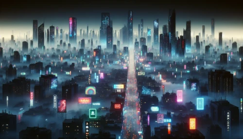 Envision a sprawling metropolis cloaked in perpetual twilight, where neon lights pierce through an enveloping fog. Towering skyscrapers stretch towards an ink-black sky, adorned with pulsating holograms and glowing billboards. The streets are alive with shadowy figures and the soft hum of futuristic vehicles gliding seamlessly. This vibrant yet mysterious urban landscape captures the essence of a city that never sleeps, inviting you to explore its hidden secrets.