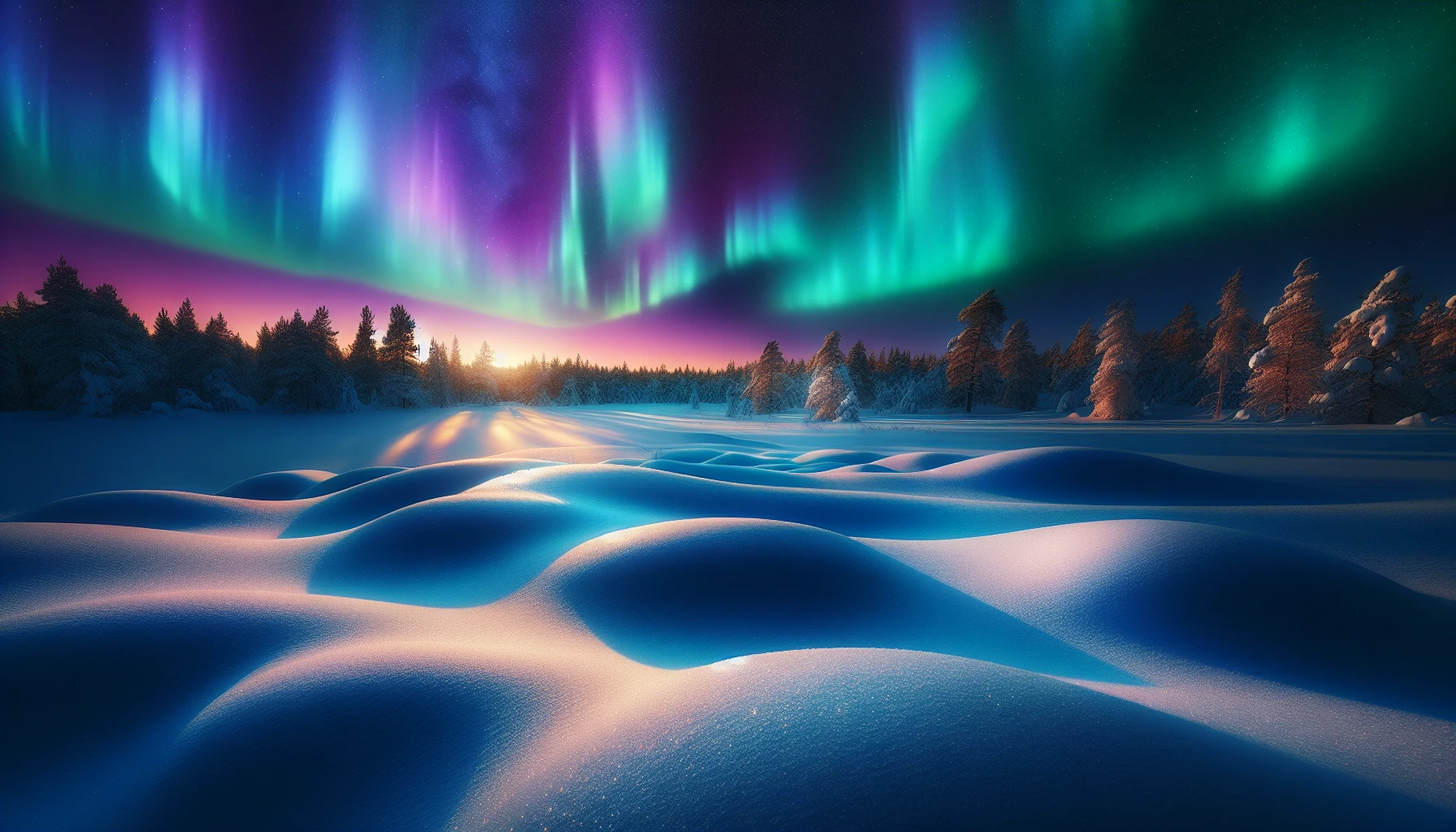 Imagine a breathtaking winter wonderland where a vast, untouched snowfield glimmers under a mesmerizing aurora borealis. The sky is alive with swirling greens, purples, and blues, casting vibrant reflections on the pristine, sparkling snow below. In the foreground, gentle snowdrifts roll like soft waves, while distant pine trees stand silhouetted against the radiant display, creating a tranquil yet awe-inspiring scene that captivates the soul.