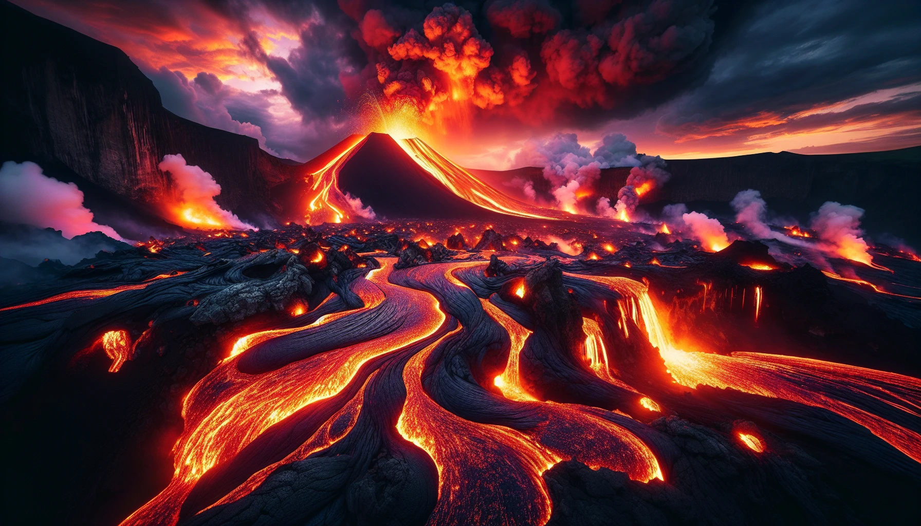 Envision a breathtaking landscape dominated by an erupting volcano, its molten lava cascading down rocky slopes like a glowing river of fire. The sky is ablaze with hues of orange and red, reflecting the intense heat radiating from the magma. Surrounding the volcano, dark cliffs contrast sharply with the vibrant lava, while billowing smoke and ash swirl above, creating an awe-inspiring yet ominous atmosphere.