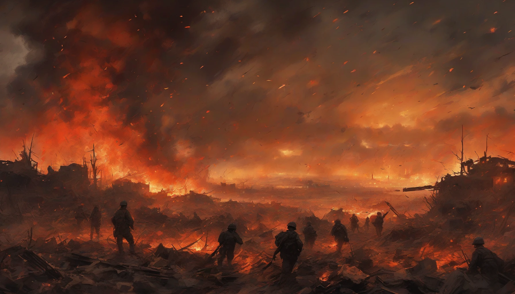 A colossal explosion erupts on a desolate battlefield, casting a fiery glow across the war-torn landscape. Smoke billows into the night sky, illuminated by flashes of orange and red, as debris rains down around the silhouettes of weary soldiers. The air crackles with tension, and the distant echoes of chaos resonate, creating a haunting atmosphere that captures the intensity of conflict and the fragility of life.