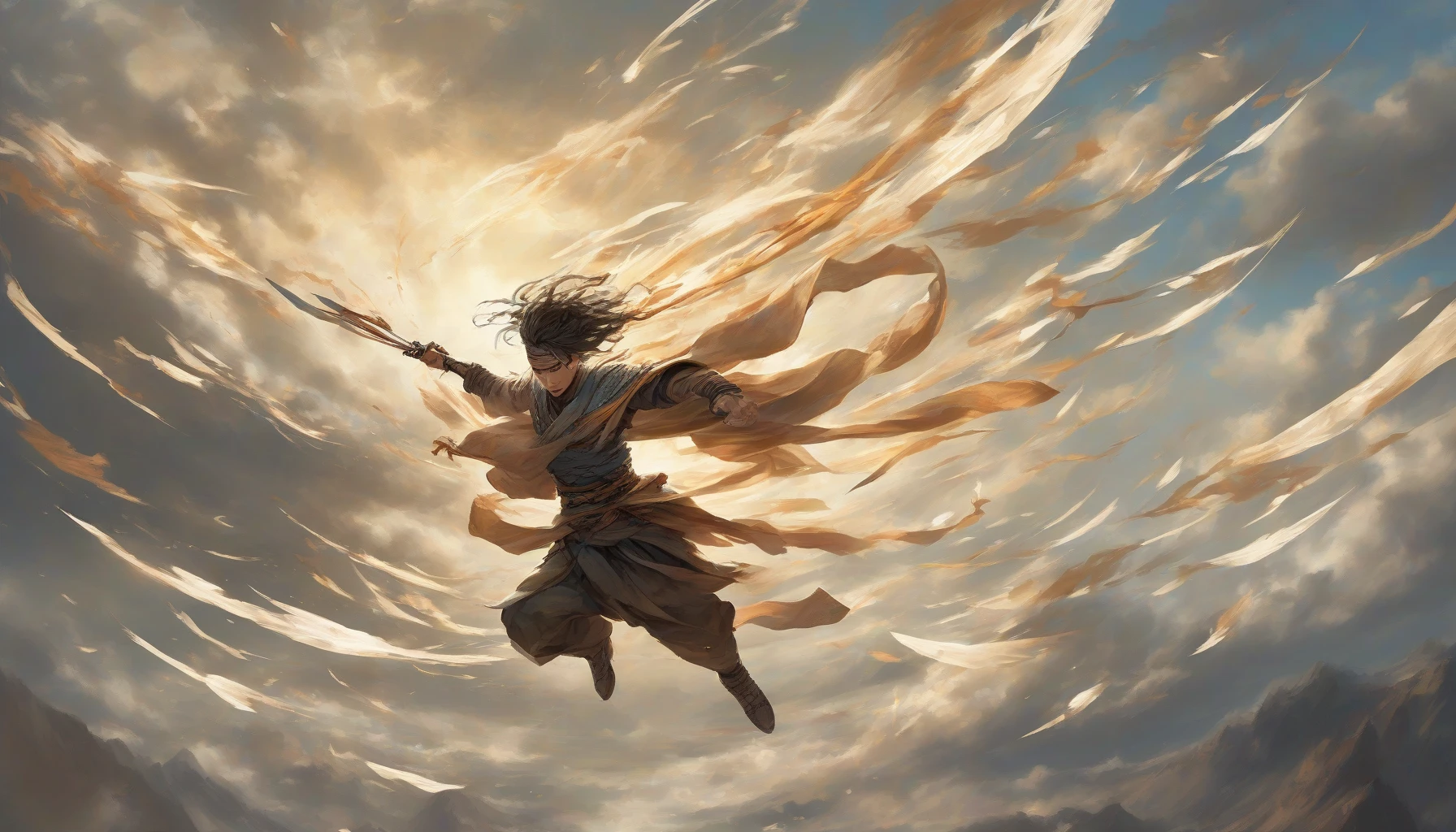 Capture a dynamic scene of a dual-wielding fighter soaring through the air, blades glinting in the sunlight. With a fierce expression, the fighter spins gracefully, surrounded by a swirling vortex of wind and energy. The backdrop features a dramatic sky, with clouds parting to reveal a distant mountain. Emphasize the fluidity of movement, the shimmering weapons, and the vibrant colors of the scene to evoke a sense of thrilling adventure.