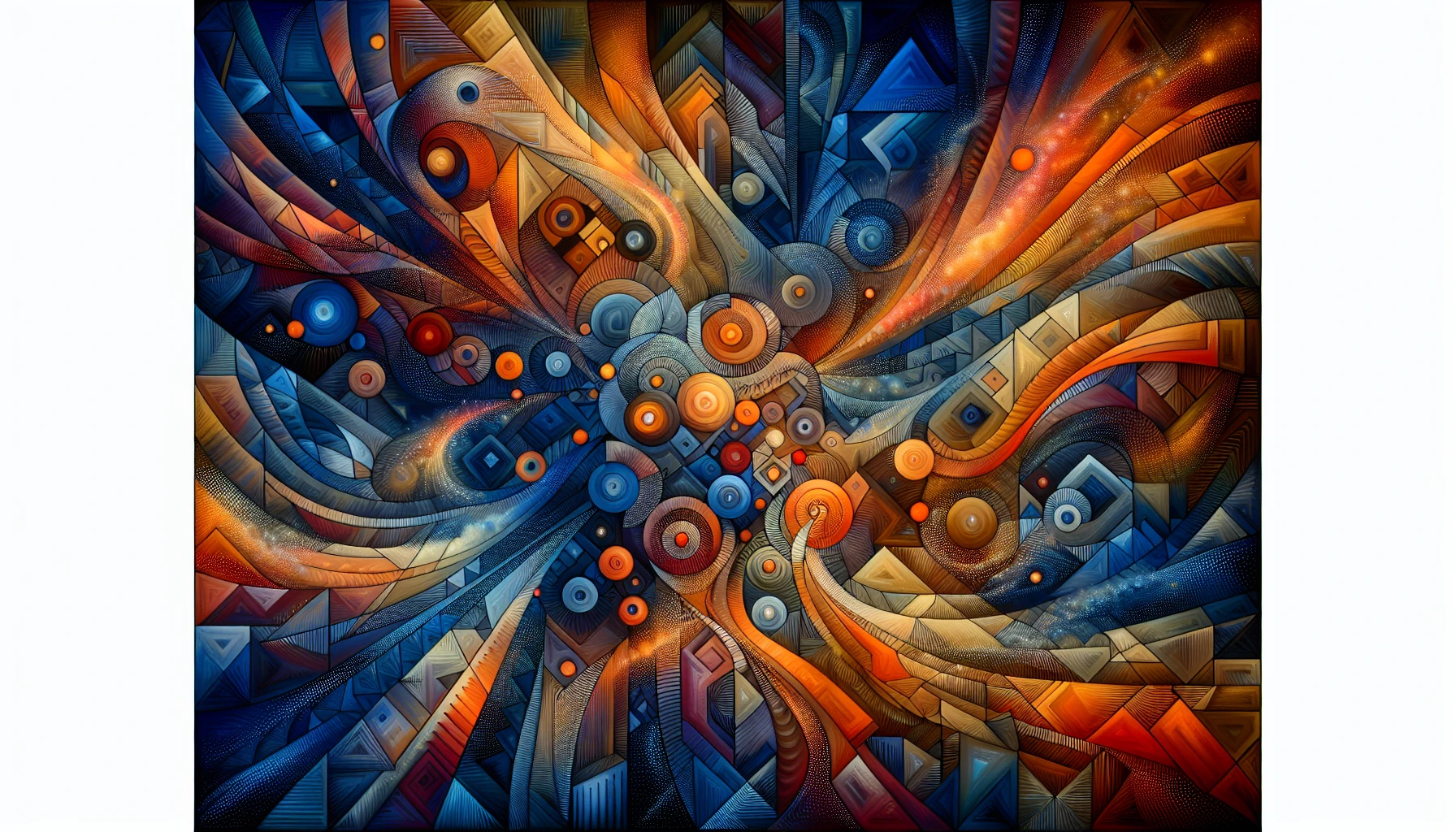 Imagine a mesmerizing visual tapestry where geometric patterns seamlessly intertwine, creating a dynamic dance of shapes and colors. Vivid triangles, circles, and hexagons pulsate in a harmonious rhythm, enveloped in a spectrum of rich blues and fiery oranges. The background is a soft gradient, allowing the sharp lines of the patterns to pop. This artwork evokes a sense of movement, inviting the viewer to lose themselves in its intricate beauty.