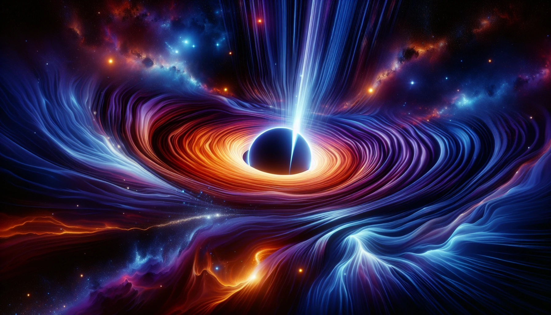 Imagine a mesmerizing cosmic scene where a massive black hole is at the center, distorting the very fabric of space around it. Vivid colors swirl in a dance of deep blues, purples, and fiery oranges as light bends and warps, creating a breathtaking visual symphony. Stars and celestial bodies curve along the gravitational waves, while the event horizon glows with an eerie, otherworldly light, inviting viewers into the mysteries of the universe.