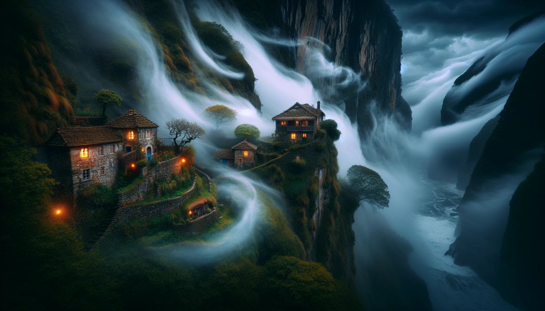 Envision a quaint village clinging to the edge of a dramatic cliff, shrouded in swirling fog. Stone cottages with thatched roofs peek through the mist, their warm lights glowing softly. The rugged cliffs drop steeply into a restless sea below, the sound of waves crashing adds to the serene ambiance. Wisps of fog dance around vibrant green trees, creating an ethereal atmosphere that feels both mystical and inviting.