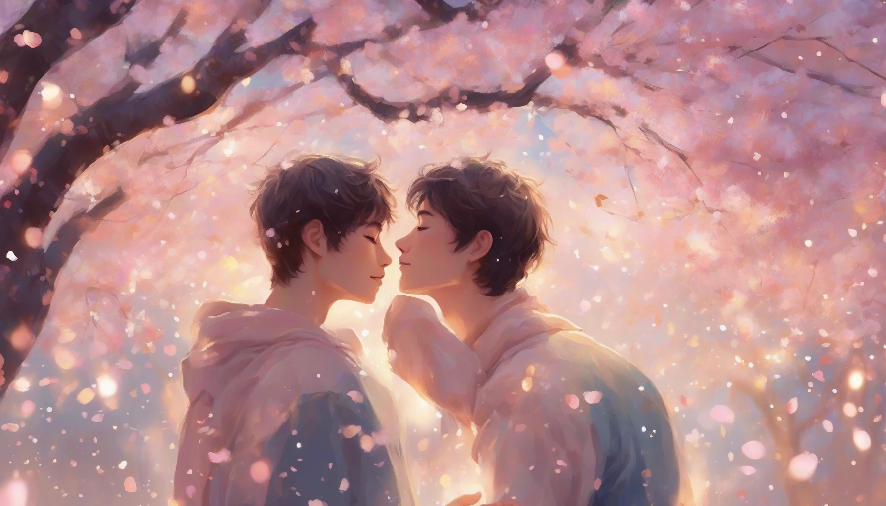 Envision a whimsical scene where two young lovers, surrounded by a flurry of sparkling lights and pastel hues, share a tender moment under a cherry blossom tree. Their eyes twinkle with affection, while delicate petals float through the air like confetti. The background erupts in soft, dreamlike colors, creating a magical atmosphere, as sparkling stars cascade around them, symbolizing their joyful, blossoming relationship.