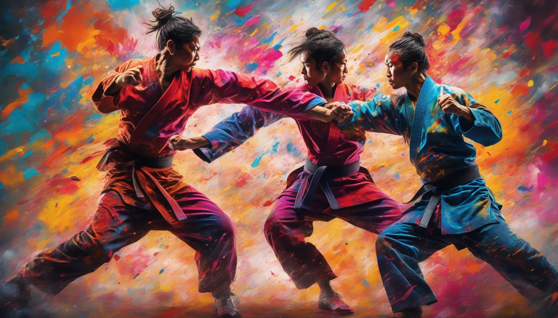 Capture the raw intensity of hand-to-hand combat in a vivid scene where two martial artists clash mid-air, their bodies entwined in dynamic poses. Surround them with a vibrant explosion of colors and effects, emphasizing the power and energy of their movements. The background should evoke a sense of motion, with blurred cityscapes or abstract designs that enhance the dramatic tension and highlight the skillful choreography of their fight.