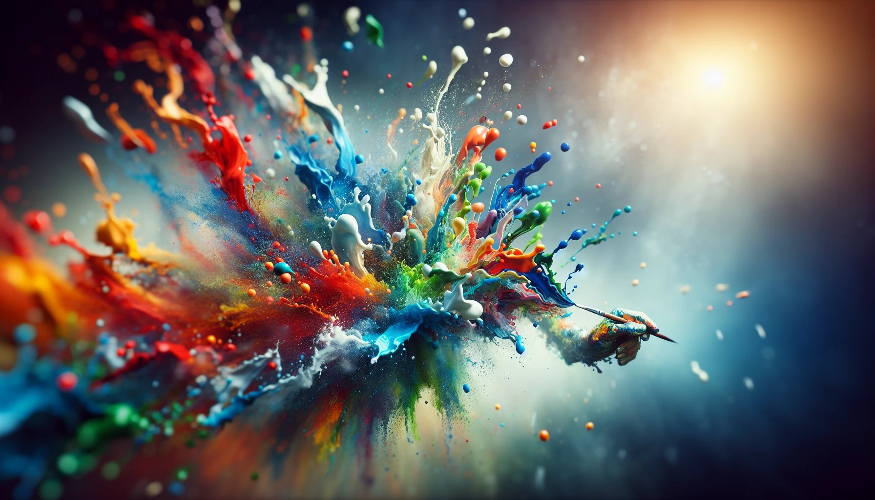 Capture a breathtaking moment where vibrant splashes of paint are suspended in mid-air, frozen in time. Each droplet bursts like a mini explosion, showcasing a vivid palette of reds, blues, greens, and yellows. The background is a soft blur, emphasizing the sharp detail of the paint, while soft light enhances its textures and movement, creating a dynamic interplay of color and form.