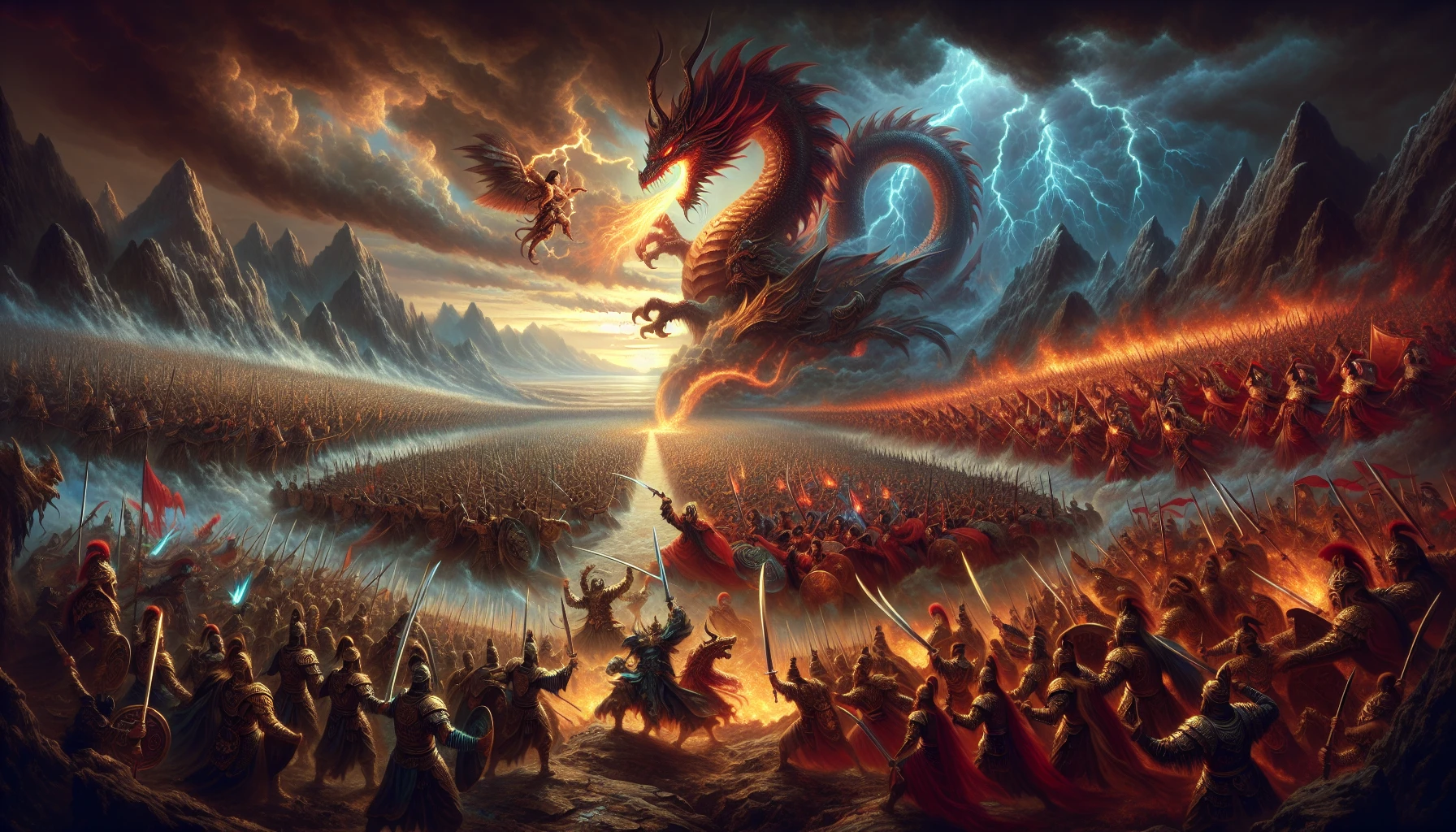 In a vast, desolate landscape, two legendary armies converge for an explosive showdown beneath a stormy sky. Thunderous war cries echo as warriors clad in ornate armor brandish glistening swords, their faces illuminated by flashes of lightning. In the midst of swirling chaos, a colossal dragon emerges, its scales shimmering with fiery hues, soaring above the battlefield, symbolizing the culmination of rival destinies colliding in a breathtaking fight for supremacy.