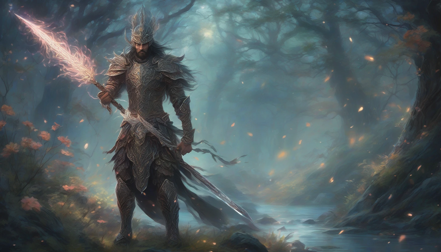 In a mythical landscape, a fearless warrior stands poised, clutching a glowing sword that radiates an ethereal light, illuminating the darkening forest around him. Clad in ornate armor adorned with ancient runes, his fierce gaze reflects determination and courage. Wisps of mist swirl at his feet, while vibrant flora glisten in the sword's glow, creating a surreal contrast between darkness and the warrior’s radiant power.