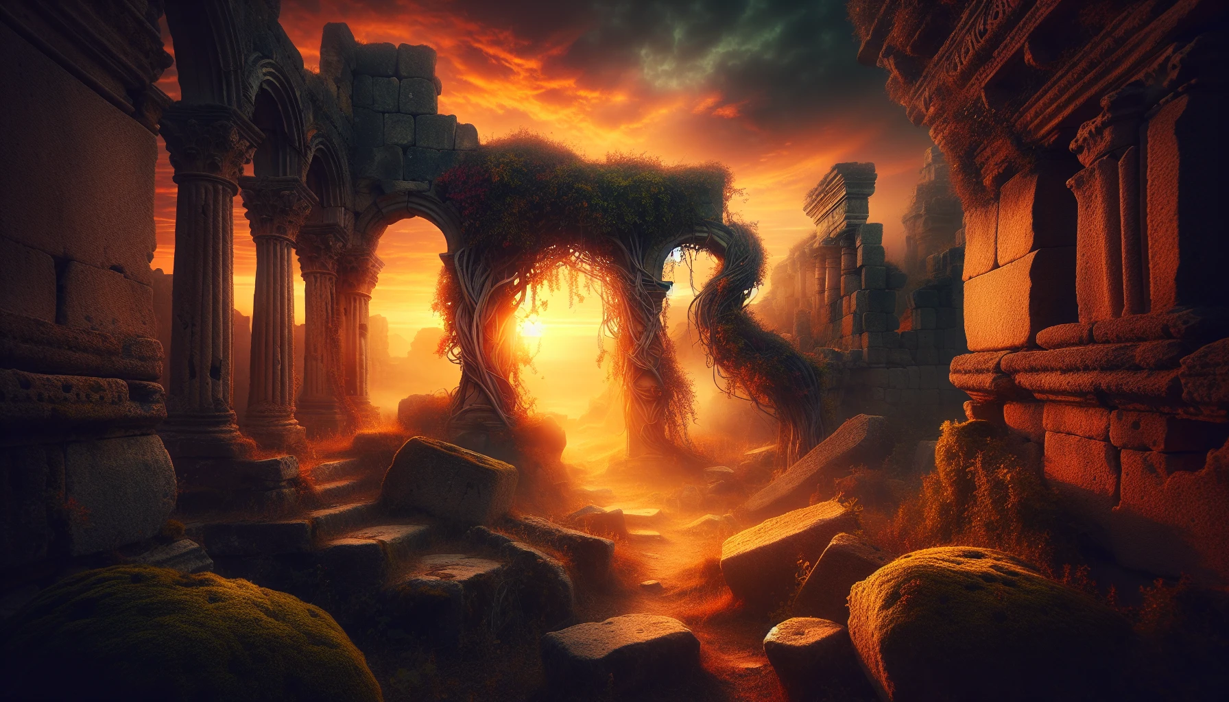 Bathe in the golden hues of sunset as ancient ruins rise majestically against a fiery sky. The crumbling stones, entwined with vibrant vines, tell tales of a forgotten civilization. Shadows stretch and dance, while ethereal mist swirls around the remnants of grand archways. A soft breeze carries whispers of history, inviting the viewer to explore the secrets hidden within this enchanting, timeworn landscape.