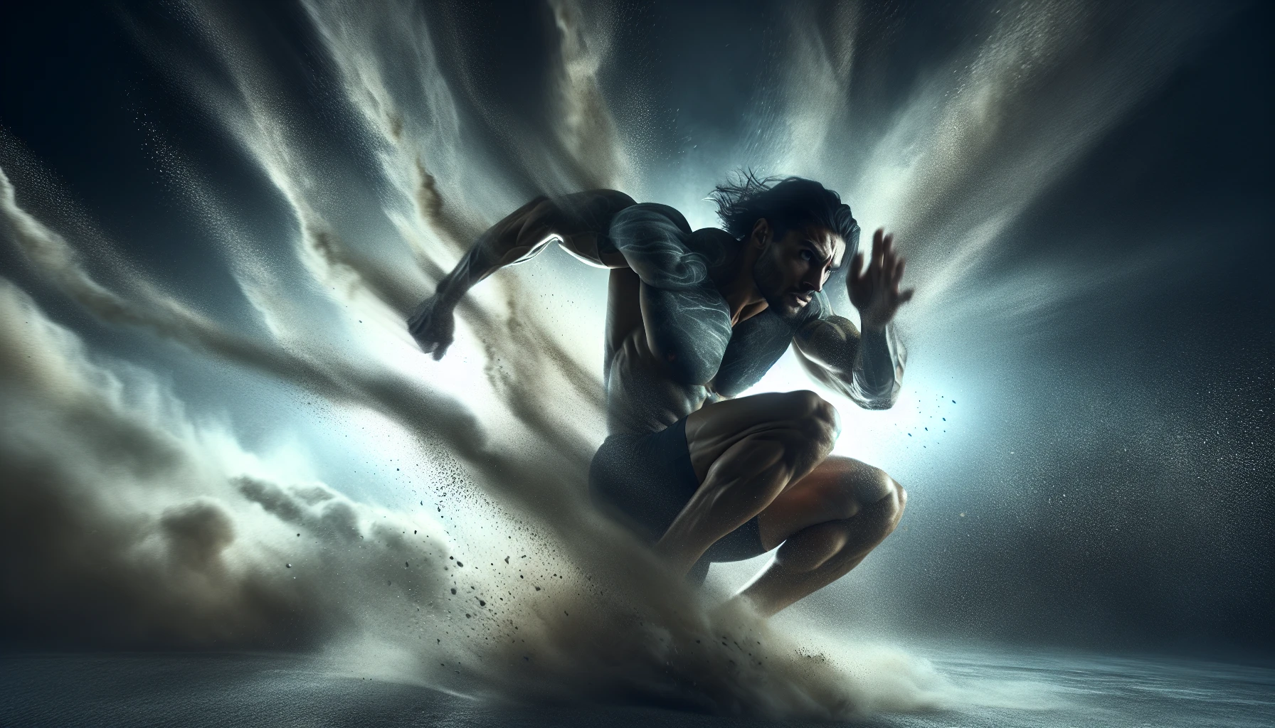 Capture a moment of intense movement, showcasing a powerful figure mid-action, muscles tense and expression fierce. Envelop the scene in dramatic lighting, casting deep shadows and sharp highlights that accentuate the motion. Surround the figure with swirling dust or fabric, enhancing the sense of speed and urgency. The background should be a blur, drawing focus to the dynamic pose, alive with energy and emotion.