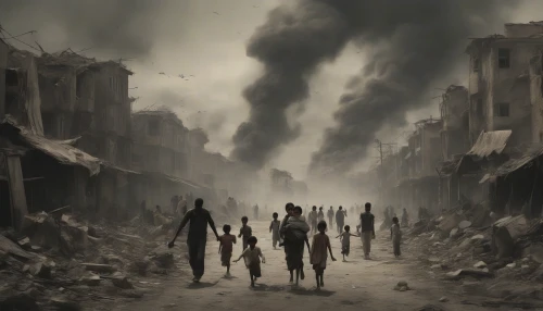 A haunting scene unfolds as a group of civilian refugees flees a devastated city, their faces etched with fear and sorrow. Crumbling buildings loom in the backdrop, smoke swirling into a darkened sky. Children cling to their parents, while a few carry tattered possessions. The air is thick with dust, and the distant sound of chaos echoes, creating an atmosphere of urgency and despair as they seek safety and hope.