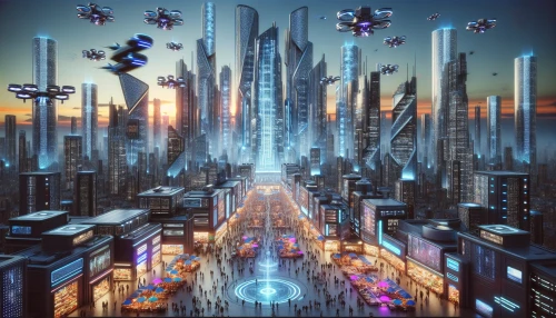 Imagine a bustling metropolis where sleek, illuminated skyscrapers tower against a twilight sky, their glass facades reflecting colorful neon lights. Above the bustling streets, futuristic flying cars zip through the air, leaving trails of light in their wake. Below, vibrant markets brim with diverse inhabitants, while drones whir above, delivering goods. The scene pulsates with energy, showcasing a harmonious blend of technology and life in this high-tech utopia.