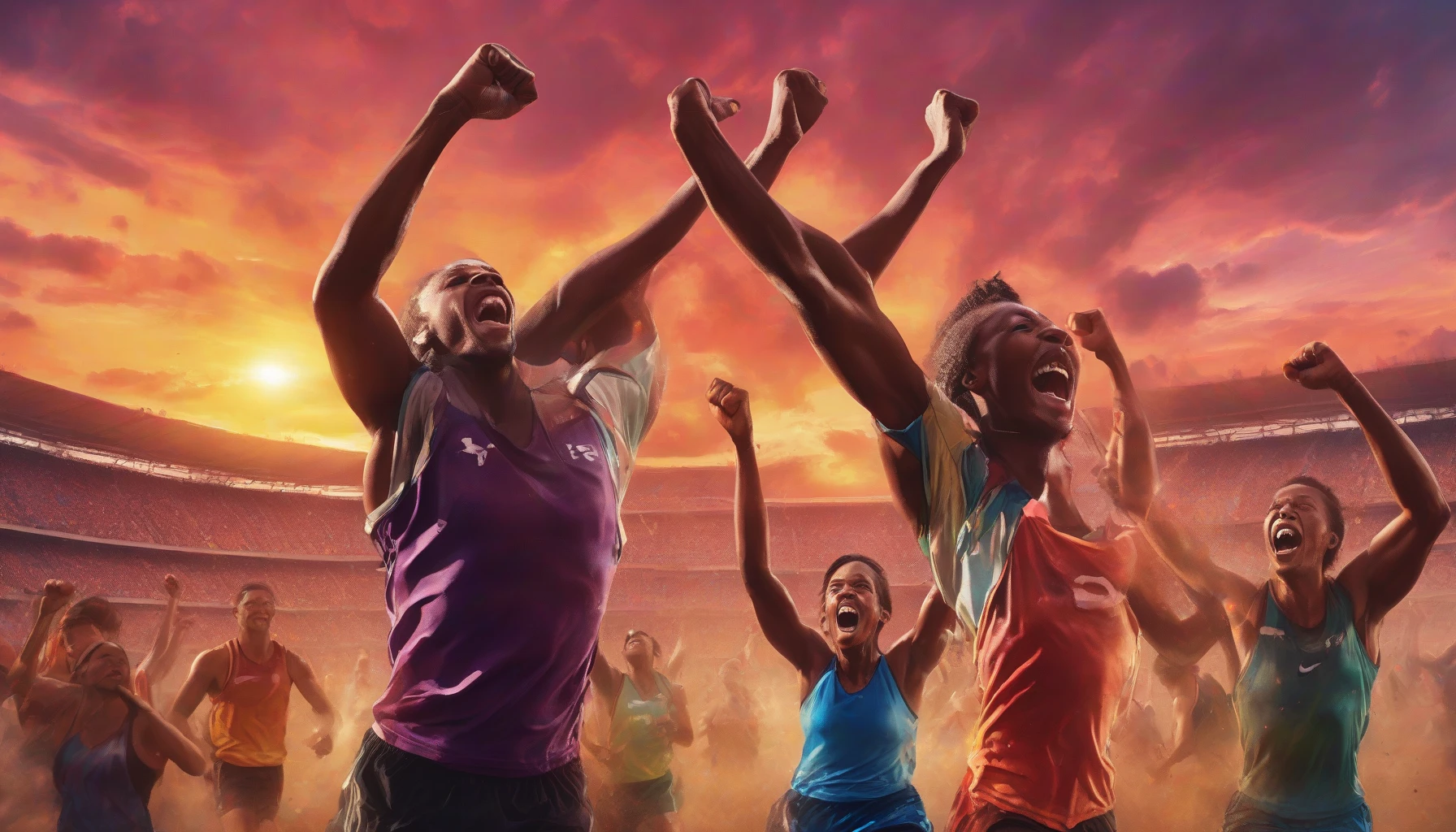 Capture the breathtaking moment of a victorious athlete, arms raised high in celebration against a stunning sunset backdrop. The scene is filled with vibrant colors, reflecting the emotions of joy and relief etched on their face. Sweat glistens on their brow, while the roar of an unseen crowd echoes in the background, encapsulating the overwhelming sense of achievement after a hard-fought battle.