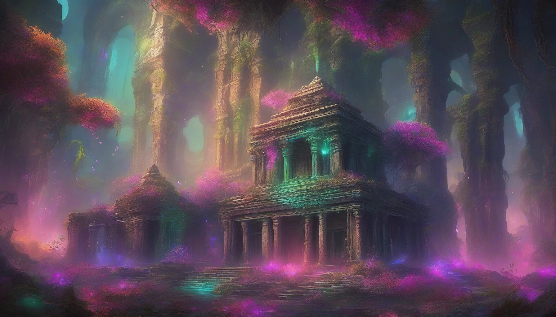 In a mysterious landscape, an ancient alien temple stands in ruins, its architecture bizarre and otherworldly. Vines of luminescent plants weave through the cracked stone, casting an ethereal glow that lights up the surroundings. The air is thick with wisps of colorful mist that dance around the temple, hinting at forgotten secrets. Night blooms with bioluminescent petals surround the site, creating a surreal, enchanting atmosphere.