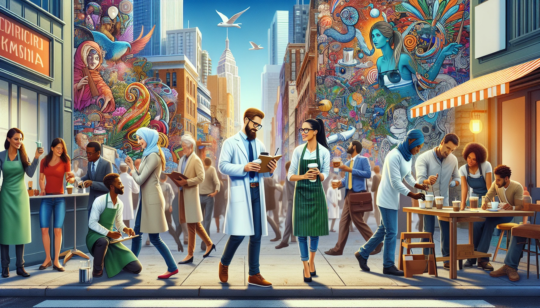 Imagine a bustling city street where professionals from diverse careers intertwine in vibrant harmony. A scientist in a lab coat shares a laugh with a barista pouring lattes, while an artist paints a mural beside a nurse on her break. The scene bursts with color and energy, showcasing the beauty of collaboration, innovation, and the rich tapestry of daily life as each role contributes to the urban landscape.