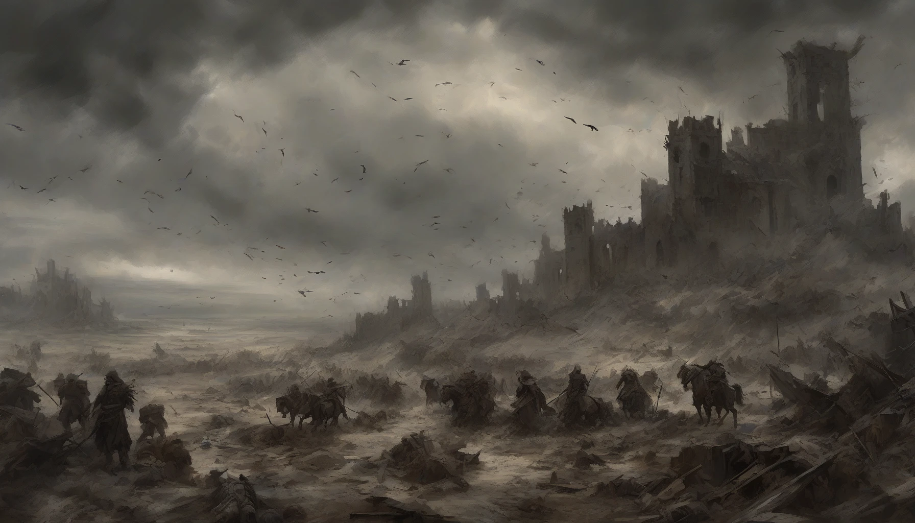 Imagine a scene set in a desolate battlefield, where silhouettes of weary soldiers merge with crumbling ruins under a stormy sky. The muted tones of browns and grays create an atmosphere of despair, while scattered remnants of past glory hint at the struggle for survival. Jagged edges of shattered armor and tattered banners flutter in the cold wind, telling tales of courage amidst chaos and the haunting silence of war.