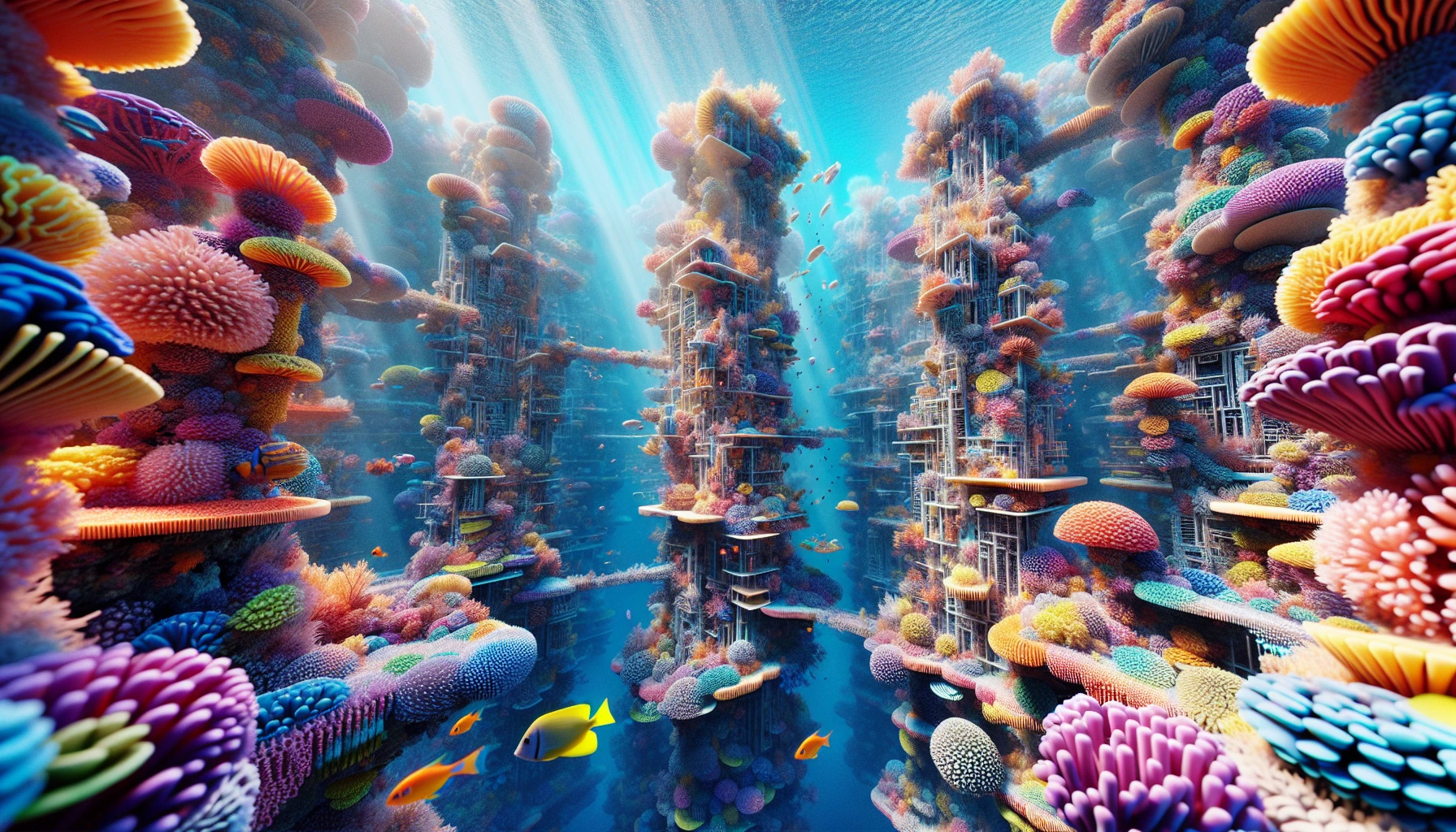 Dive into a mesmerizing underwater realm where vibrant coral structures form an intricate cityscape. Luminous marine creatures flicker past colorful arches and whimsical towers made of coral, while schools of fish weave through the bustling streets. Sunlight filters down, casting a magical glow on the aquatic architecture, as the harmony of nature and creativity unfolds in this enchanting underwater paradise.