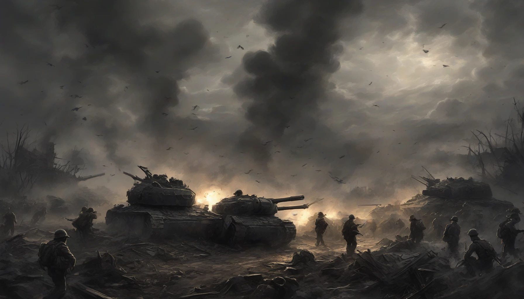 A chaotic battlefield unfolds, filled with menacing tanks silhouetted against a smoky sky. Billowing clouds of gray and black obscure the horizon, while the ground trembles under the weight of artillery fire. Soldiers scurry amidst the wreckage, determination etched on their faces. Glimmers of hope emerge as a distant sun breaks through the haze, casting ethereal light on a scene of valor and despair, evoking the heavy cost of war.