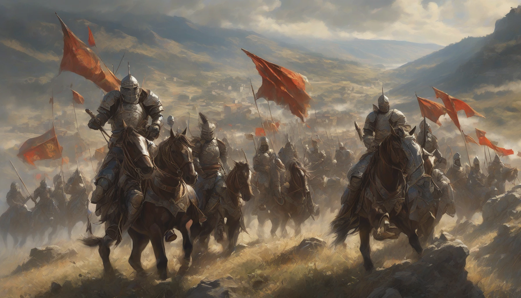 In a stunning landscape, fierce warriors clad in traditional armor stand united on a hillside, gazing defiantly at a menacing invading army approaching from the valley below. Their weapons gleam under the sun, while banners flutter dramatically in the wind, each bearing the emblem of their homeland. The tension is palpable, with determination etched on their faces as they prepare to protect their cherished territory at all costs.